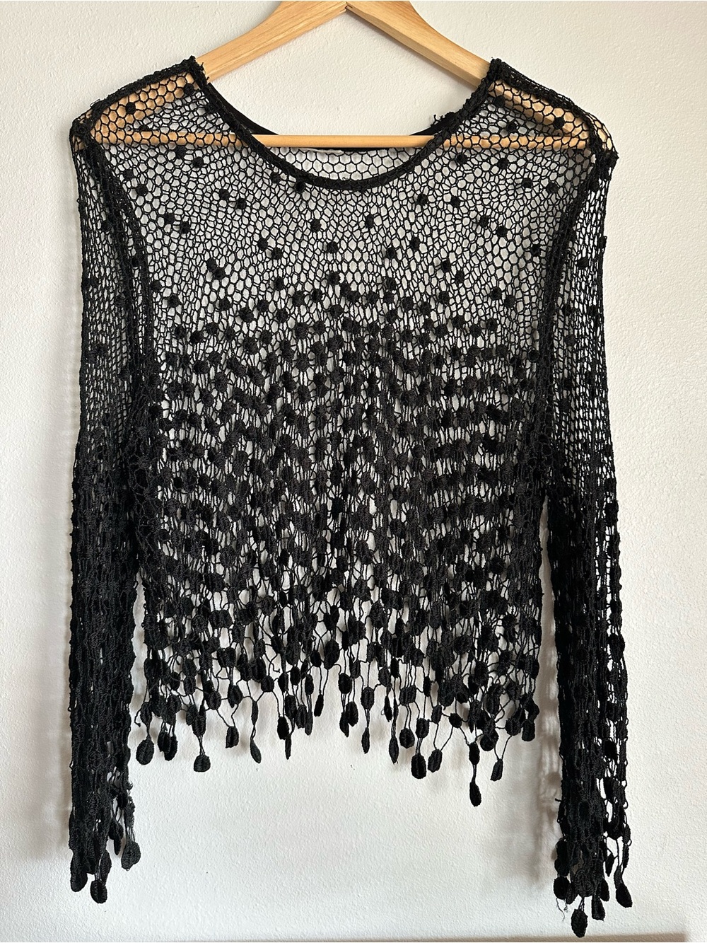 Black Crochet Open-Knit Long Sleeve Sweater